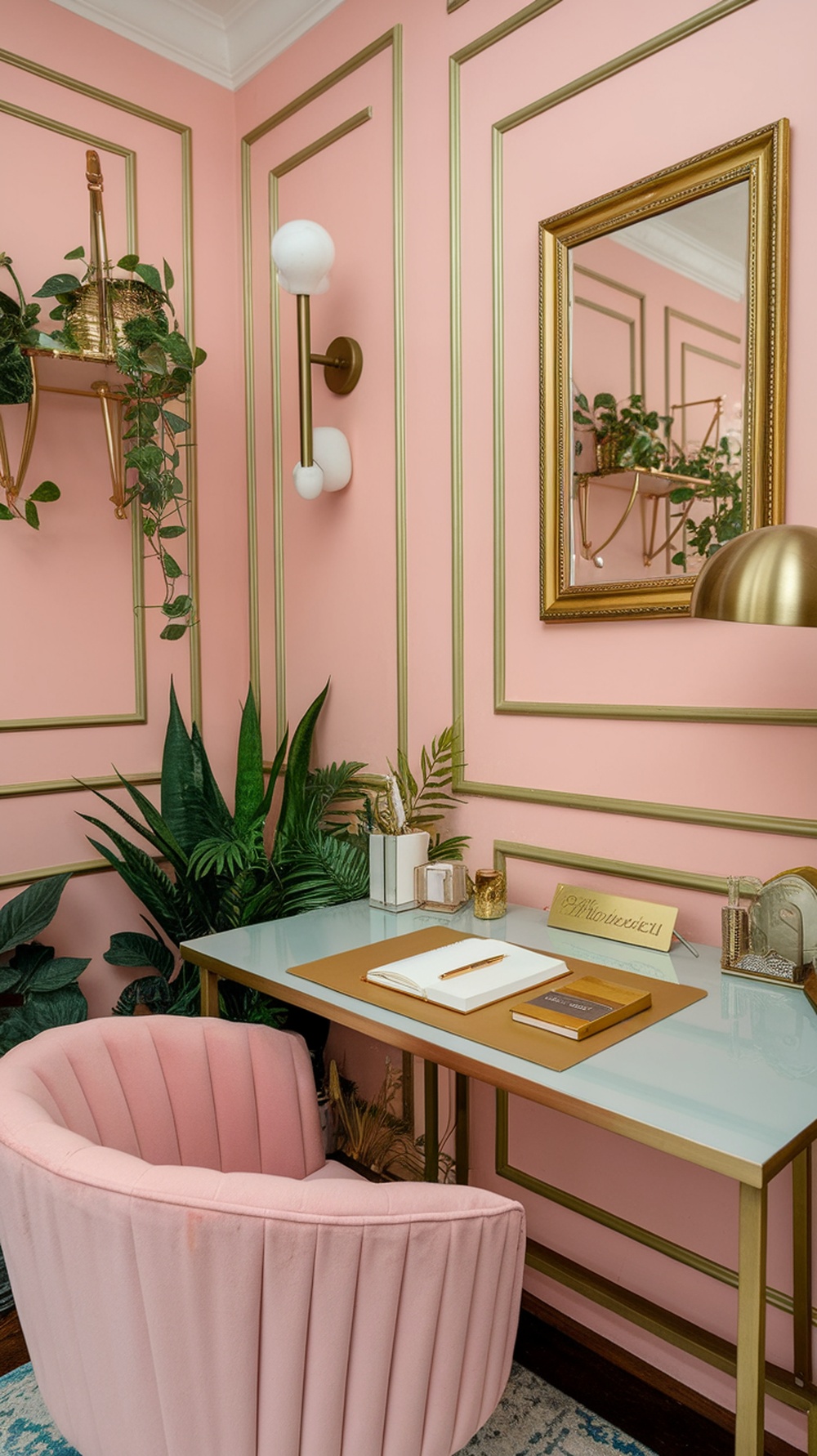A feminine home workspace featuring pink walls, a modern desk, and a plush pink chair surrounded by greenery.