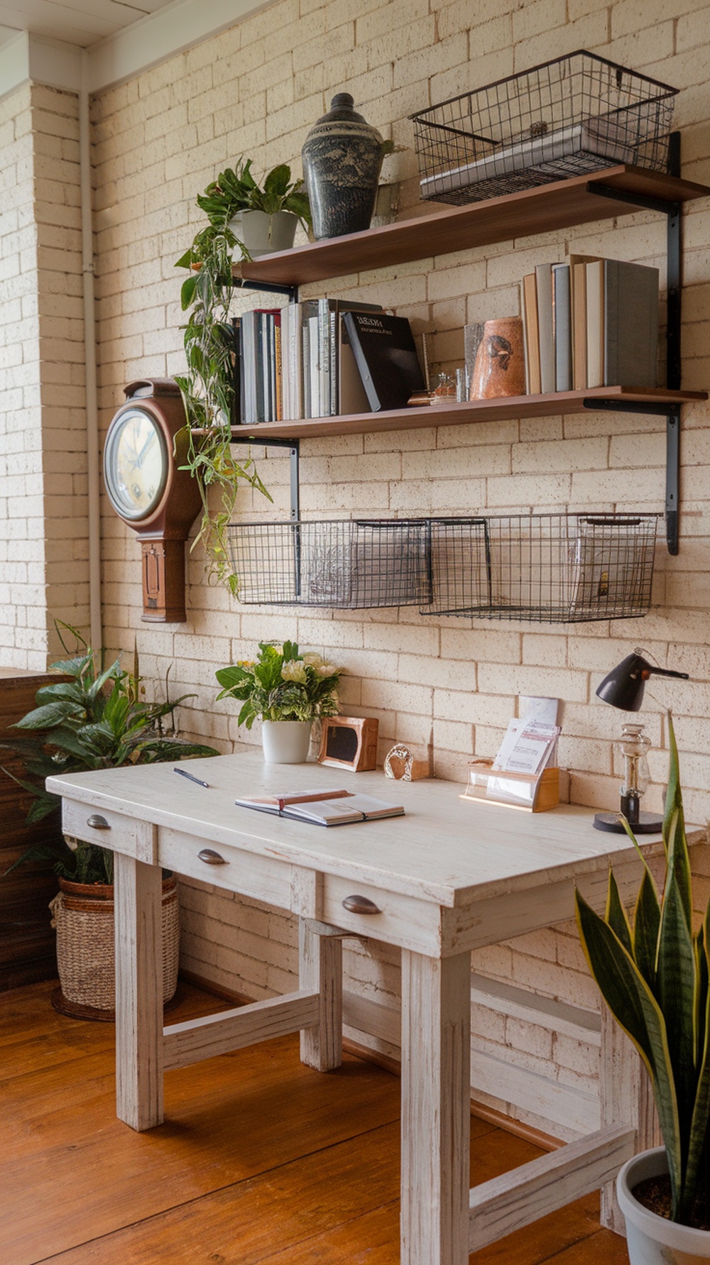 A rustic farmhouse office with a white desk, shelves, plants, and a vintage clock.