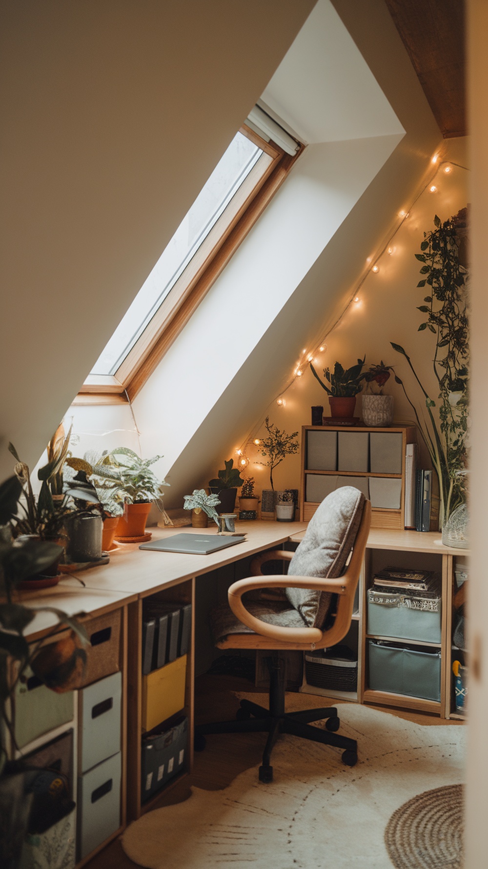 A cozy attic office with a slanted ceiling, a wooden desk, a comfortable chair, plants, and warm lighting.