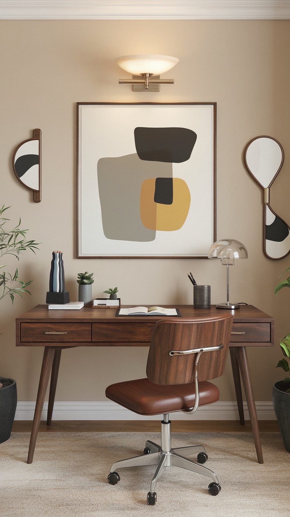 Stylish mid-century modern office with a wooden desk, minimal decor, and wall art.