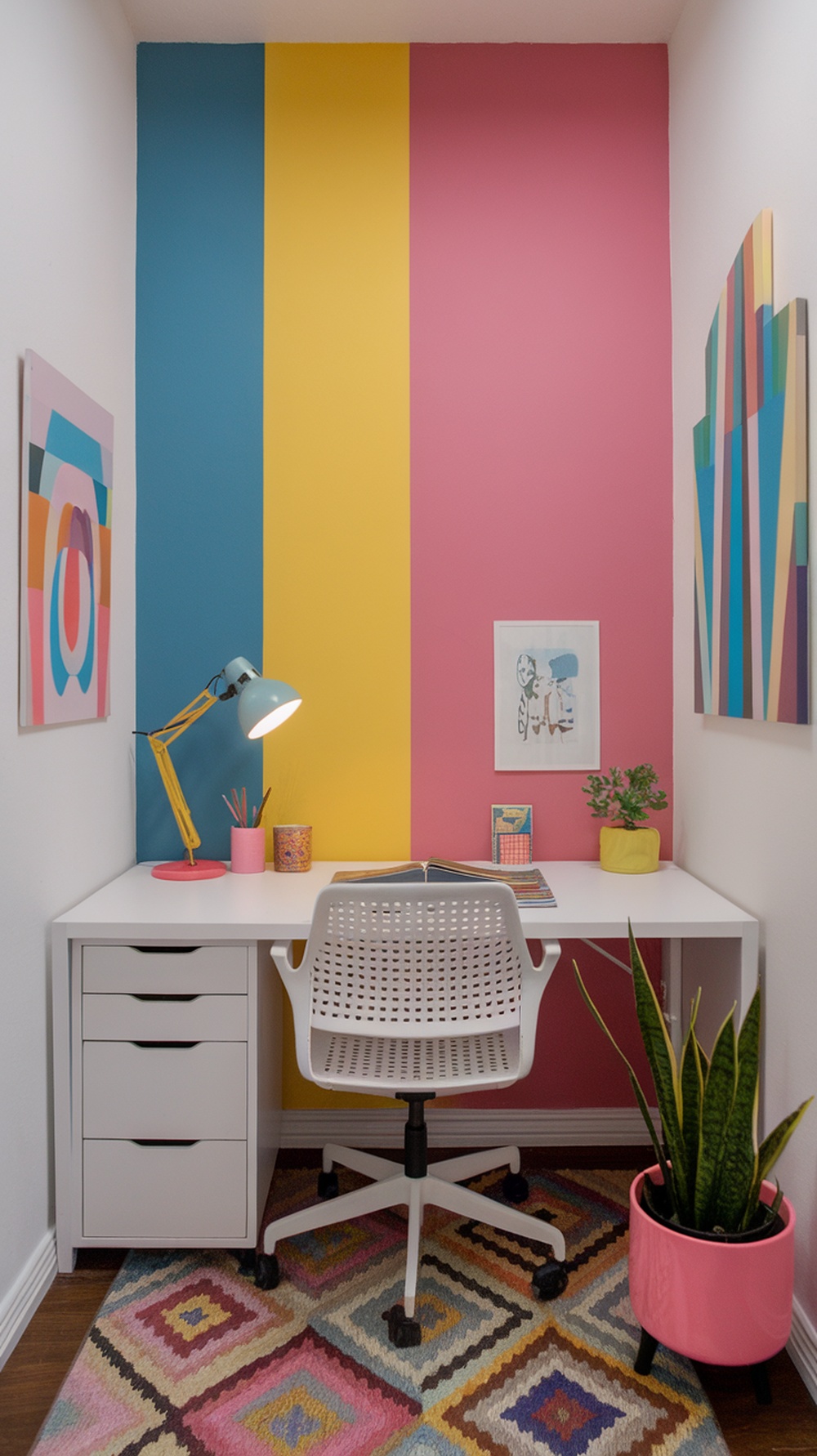 A small, colorful office space with a white desk, vibrant wall colors, and modern accessories.