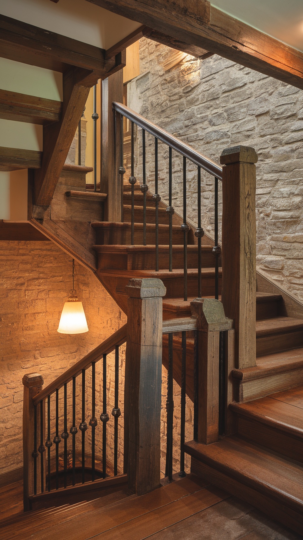 A rustic wooden staircase with iron balusters and warm lighting.