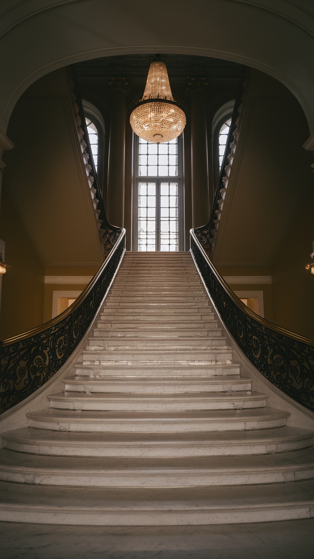 A luxury marble staircase with a chandelier overhead and large windows in the background.