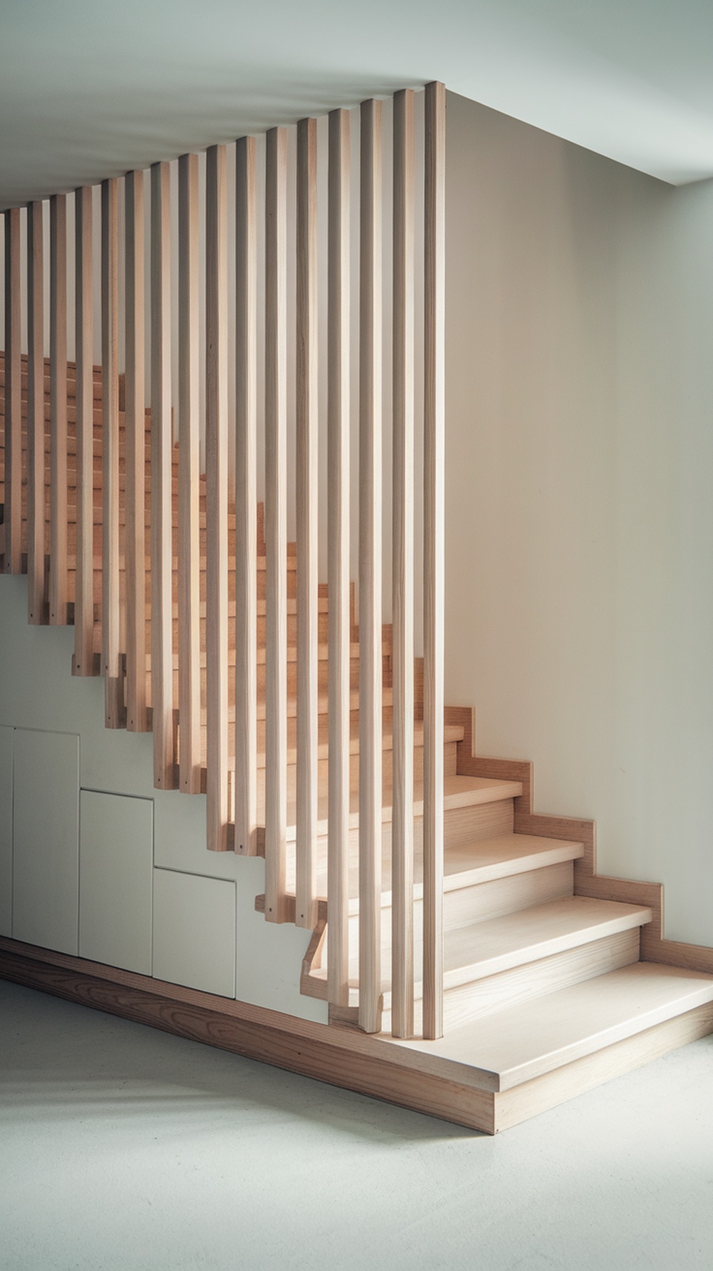 A modern Scandinavian staircase featuring light wood steps and a slatted wooden railing.