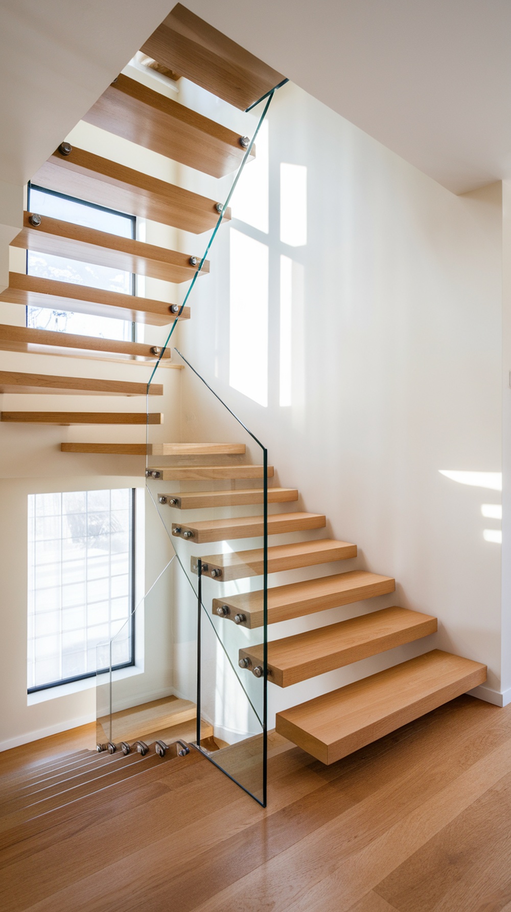 Floating wood and glass staircase with natural light