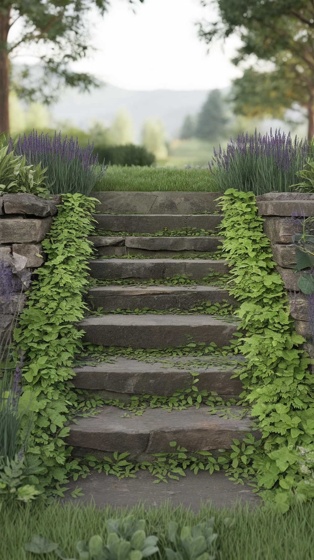 Natural stone garden staircase surrounded by greenery and flowers.