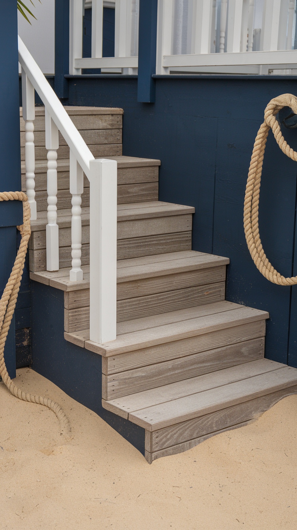 Coastal staircase with wooden steps, white railing, and rope detail
