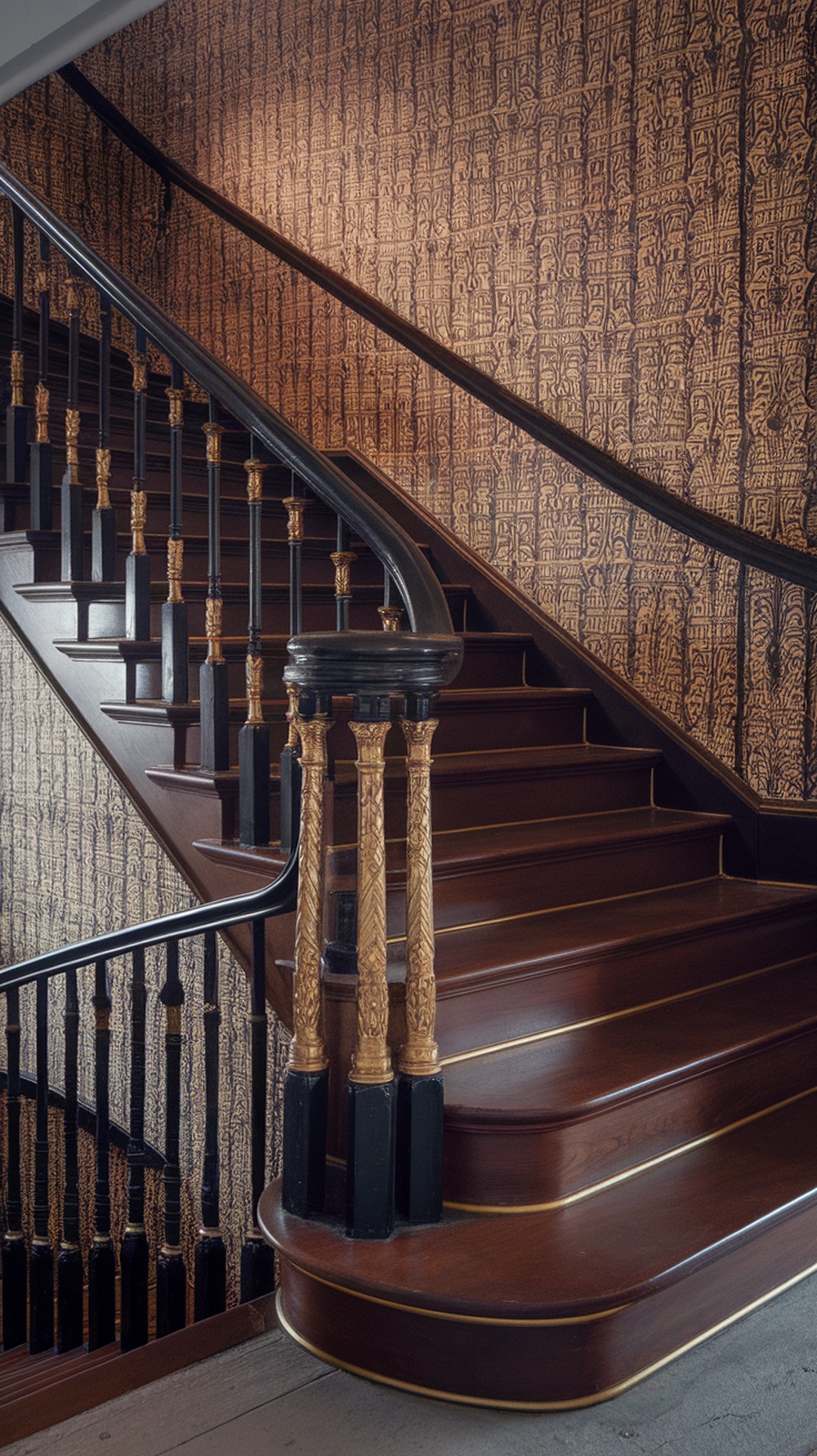 An elegant Art Deco staircase featuring wooden steps, black railing, and decorative wallpaper.