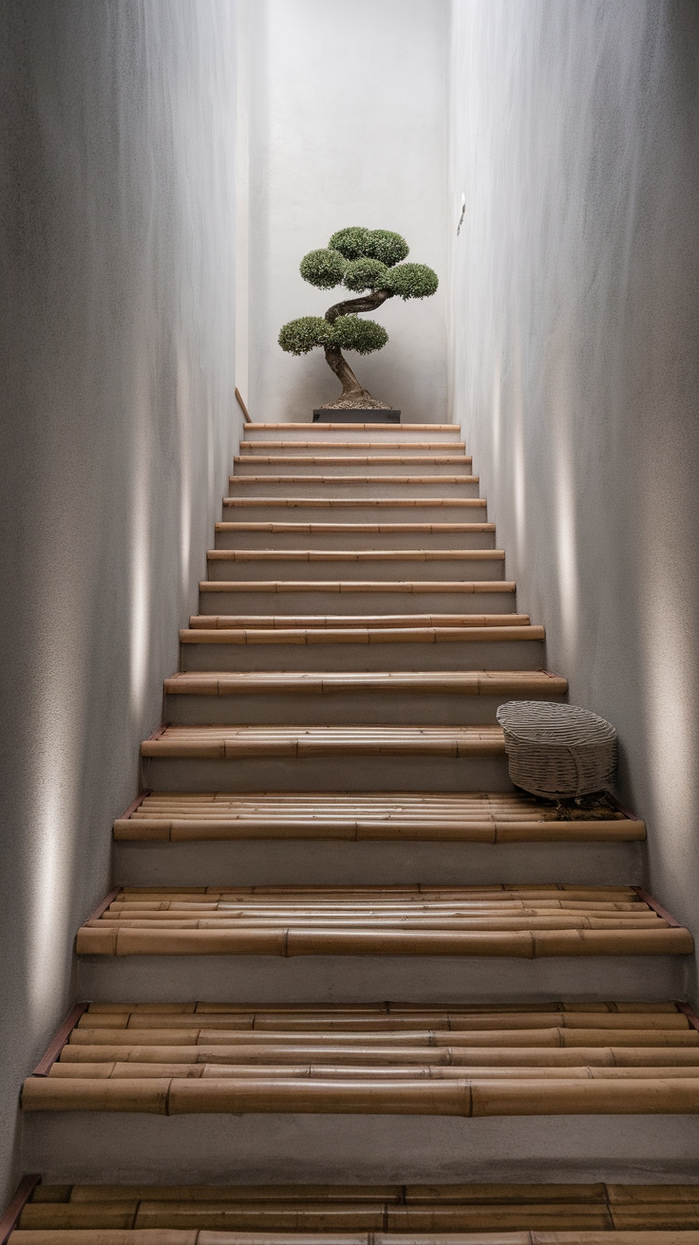 A staircase made of bamboo with a bonsai tree at the top, surrounded by minimalist walls.