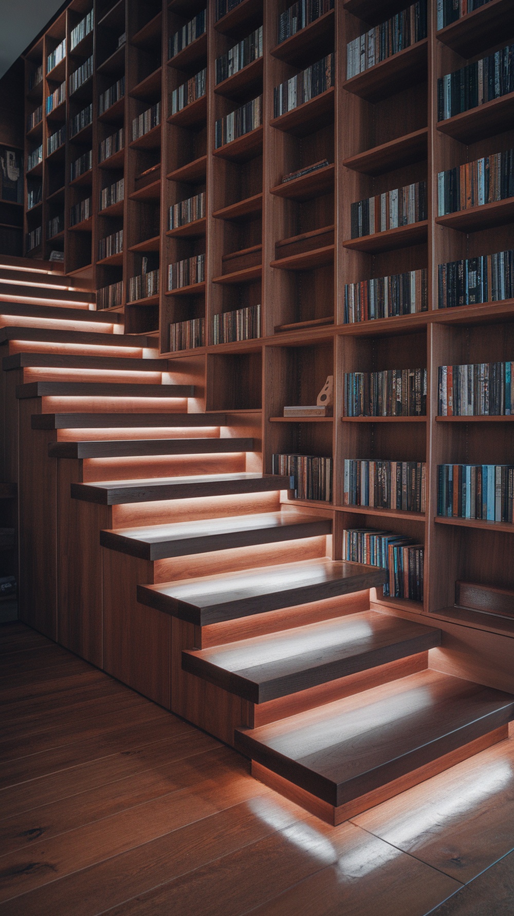 A hidden staircase with bookshelves, featuring warm wooden tones and illuminated steps