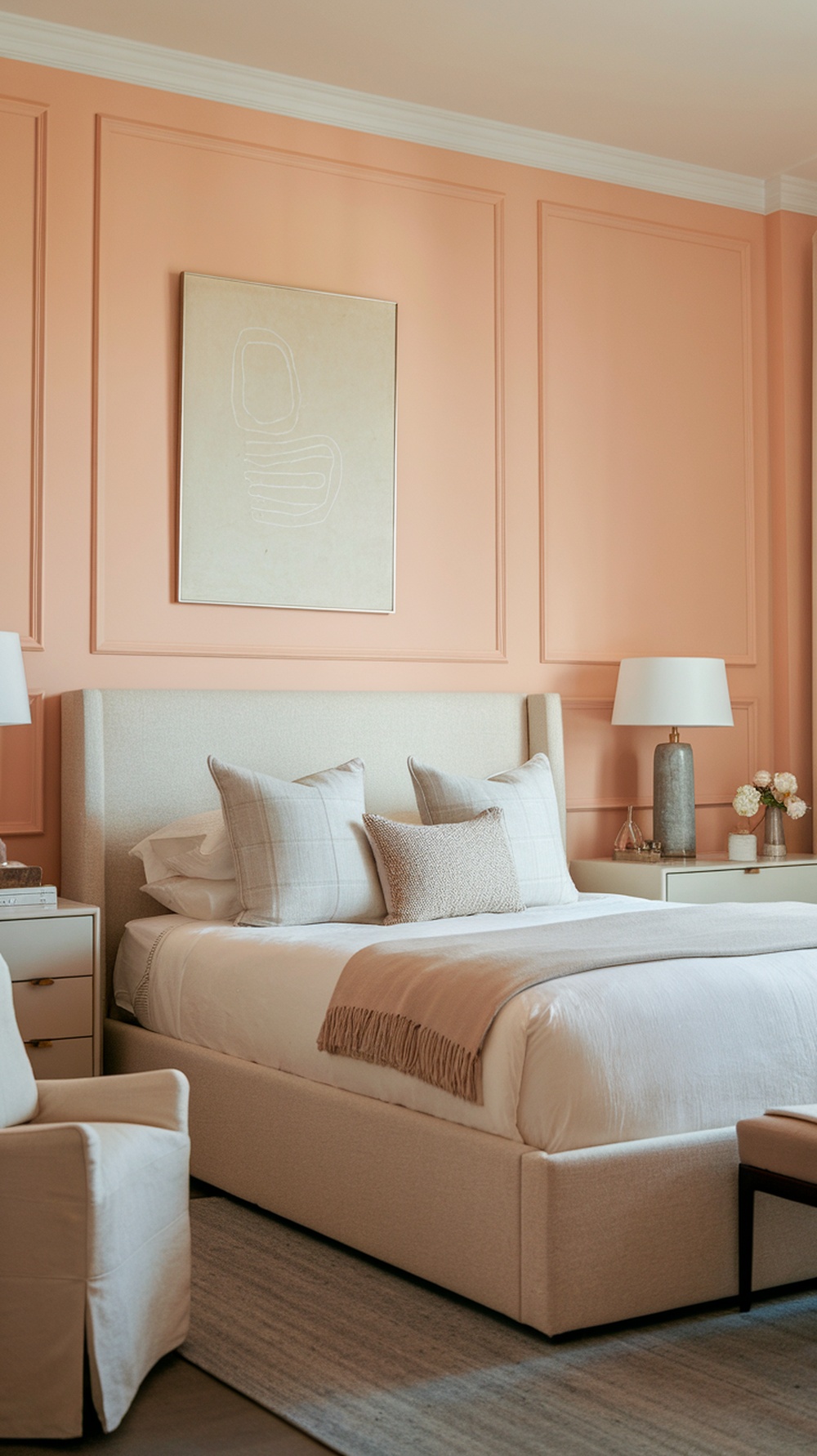 A pastel peach bedroom featuring wall panels, a cozy bed with neutral bedding, and a minimalist artwork above the headboard.