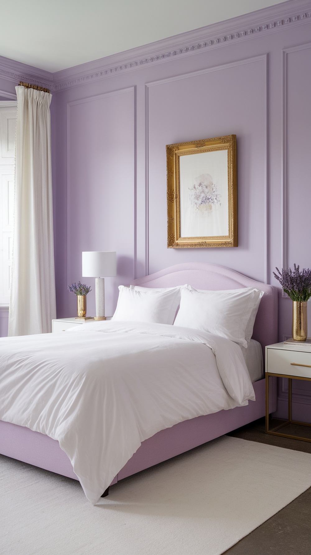 A lavender bedroom featuring a light lavender headboard, white bedding, and gold accents with a vase of lavender flowers.