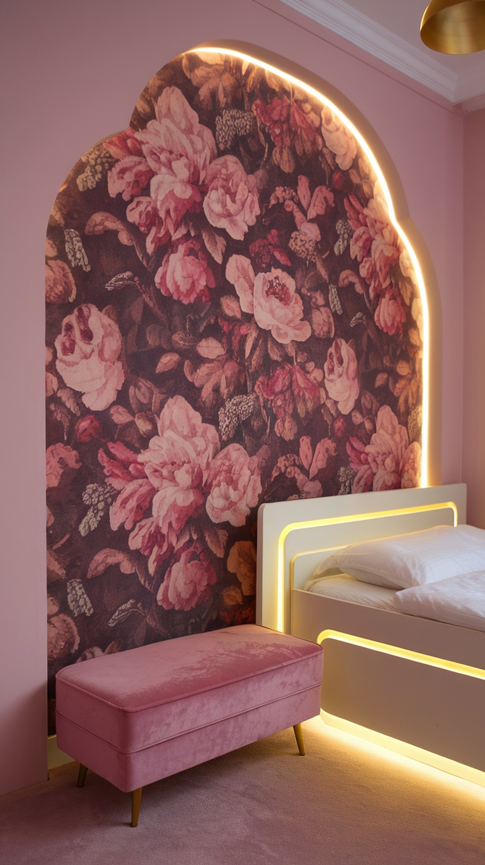 A pale pink bedroom featuring floral wallpaper, a sleek bed with lighting, and a matching pink bench.