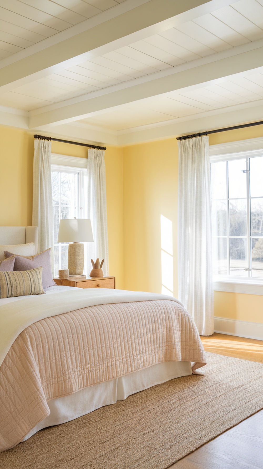 A bright and inviting bedroom painted in pastel yellow with white bedding and decor.