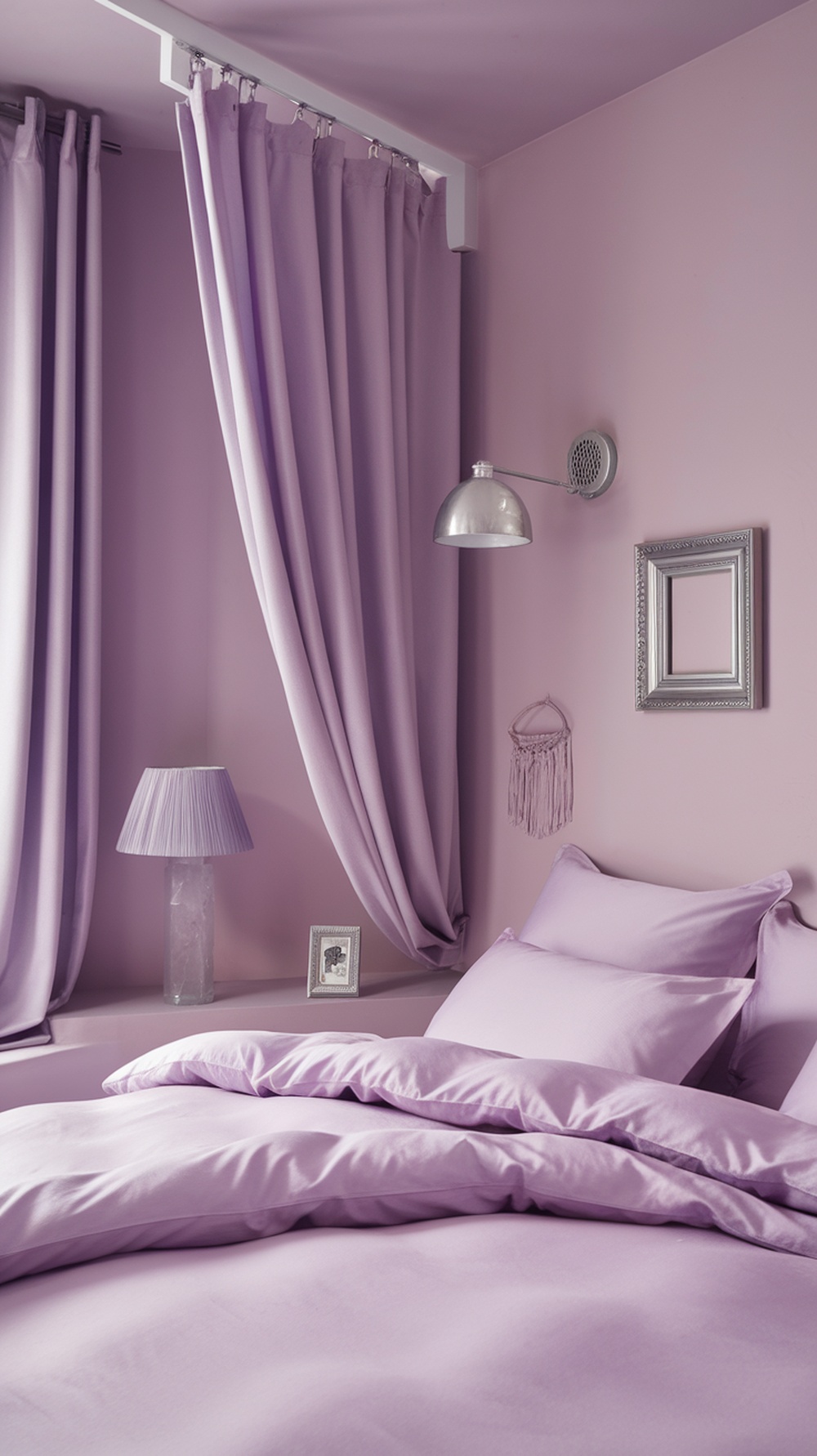 A calming monochrome pastel bedroom featuring lavender walls, curtains, and bedding.