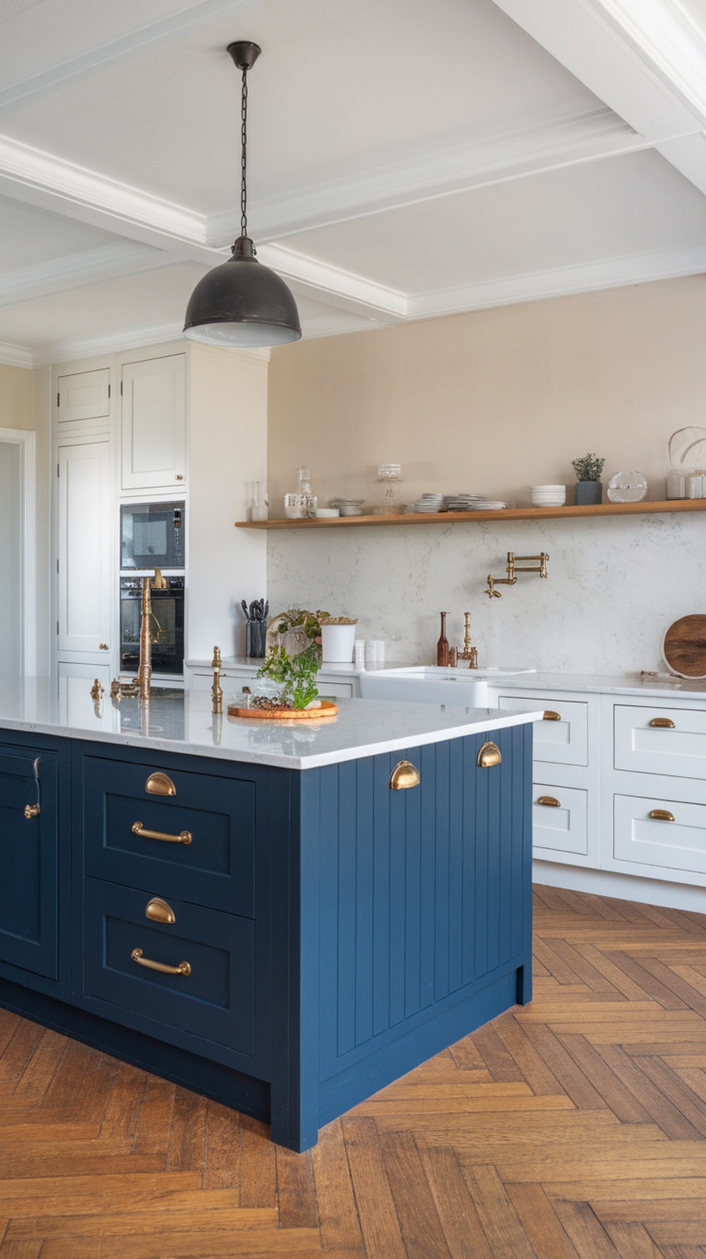 A modern kitchen featuring a navy island with brass accents and a light stone countertop.