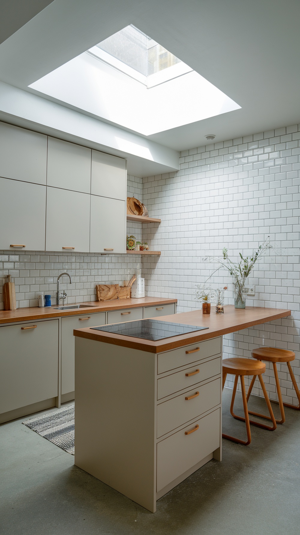 A compact kitchen featuring a multi-use island, stylish cabinetry, and natural light.