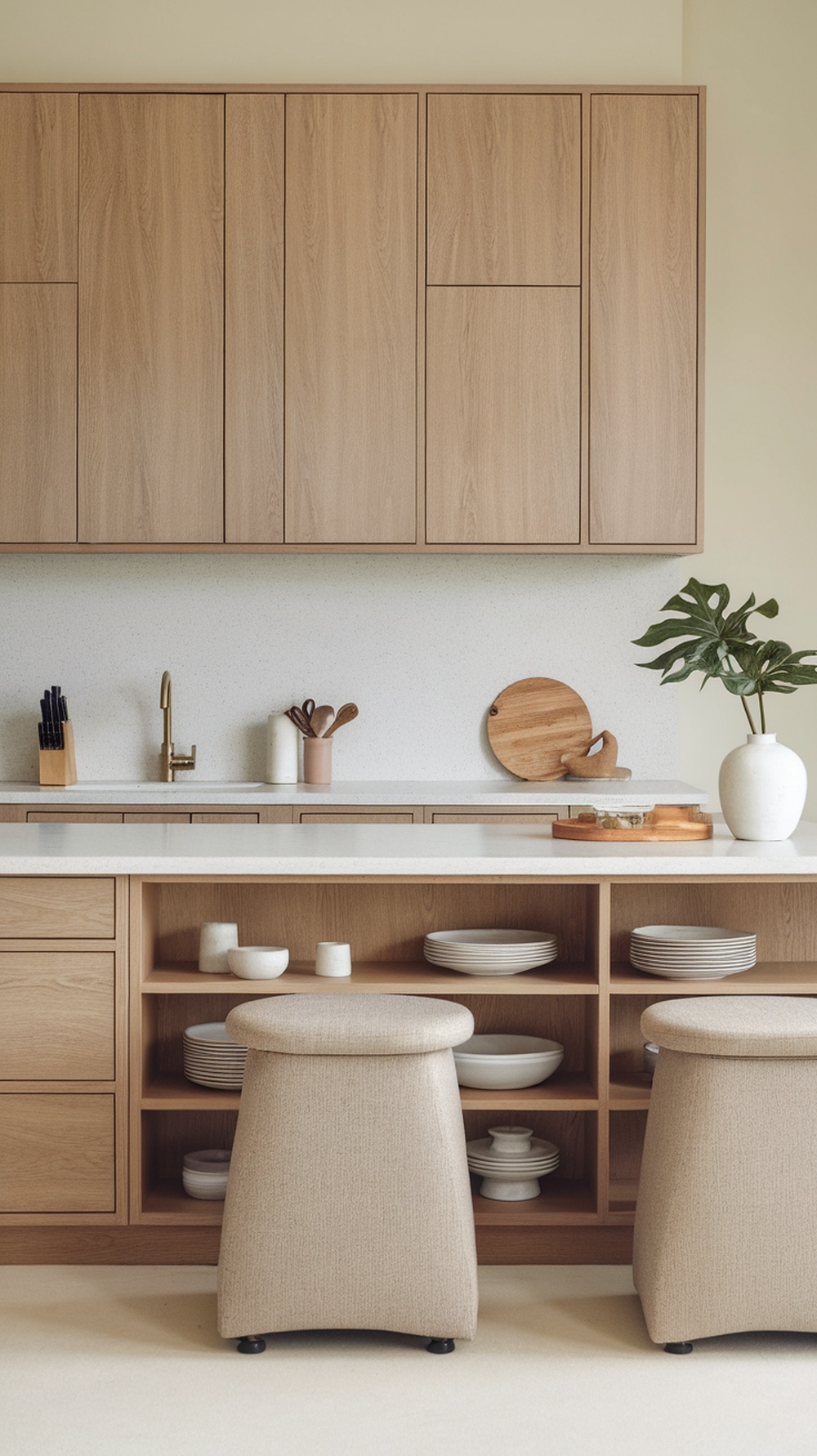A modern Scandinavian kitchen featuring a wood island with soft stools and open shelving displaying dishware.