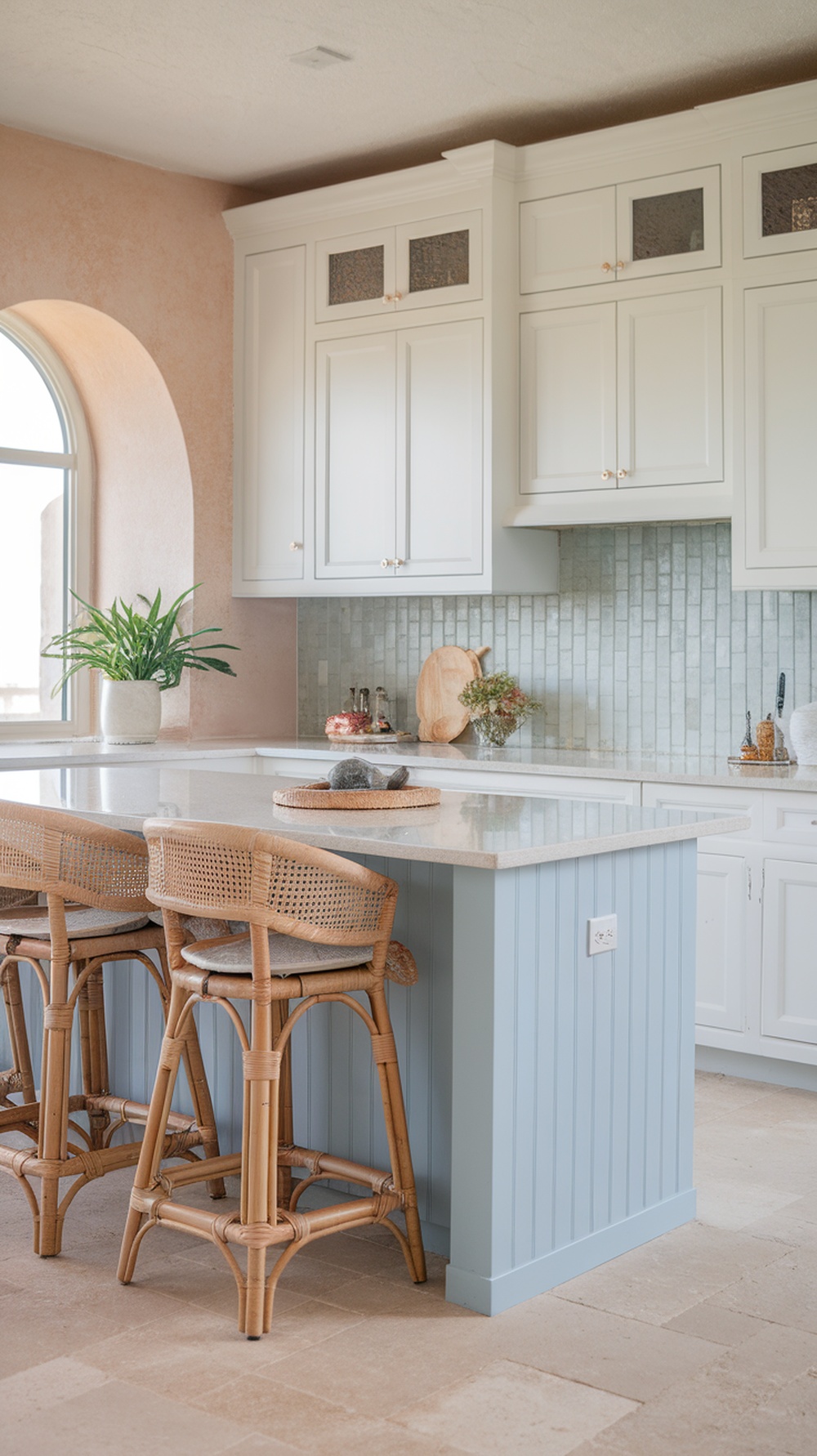 A coastal kitchen featuring a sky blue island with rattan bar stools and light cabinetry, set against a textured backsplash and a large window.