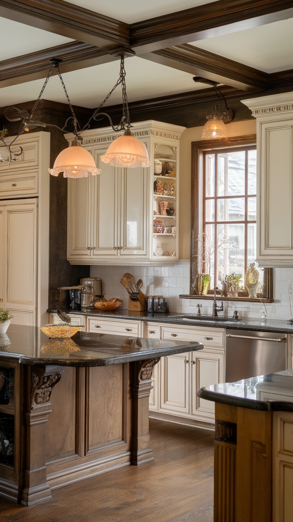 A traditional kitchen featuring a granite island, wooden cabinetry, and warm lighting.