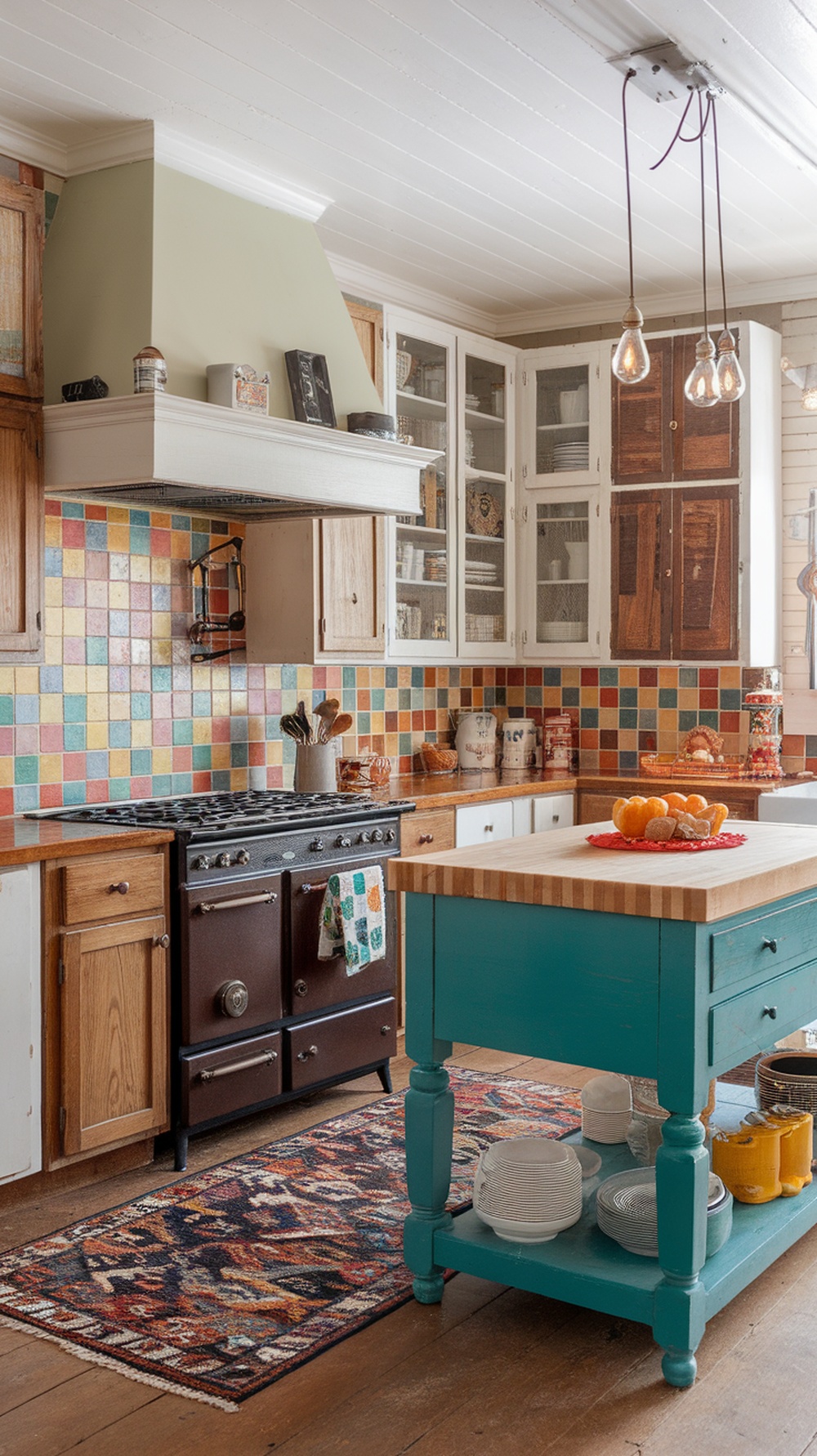 Eclectic kitchen featuring a colorful turquoise island, vibrant tile backsplash, and rustic wooden cabinetry.
