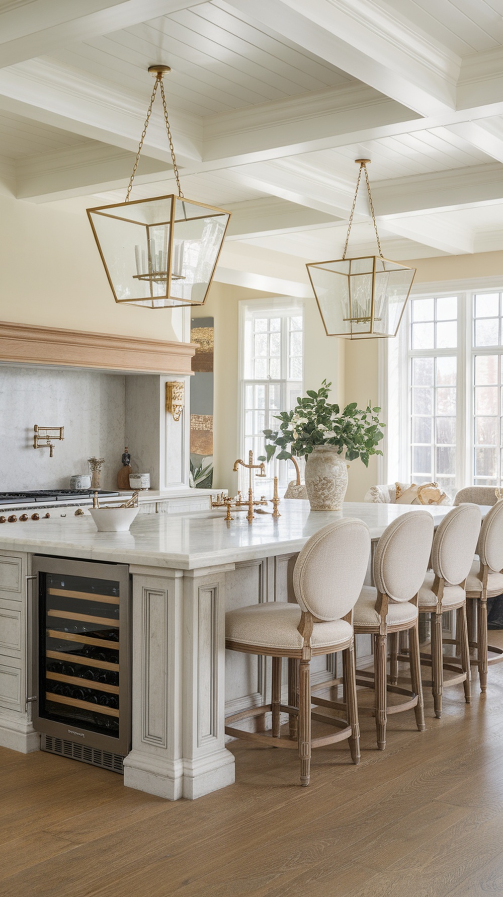 A luxurious kitchen featuring a bar island with plush seating, elegant light fixtures, and a marble countertop.