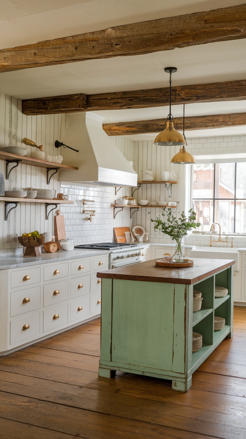 A farmhouse kitchen featuring a vintage green island, wooden accents, and bright natural light.