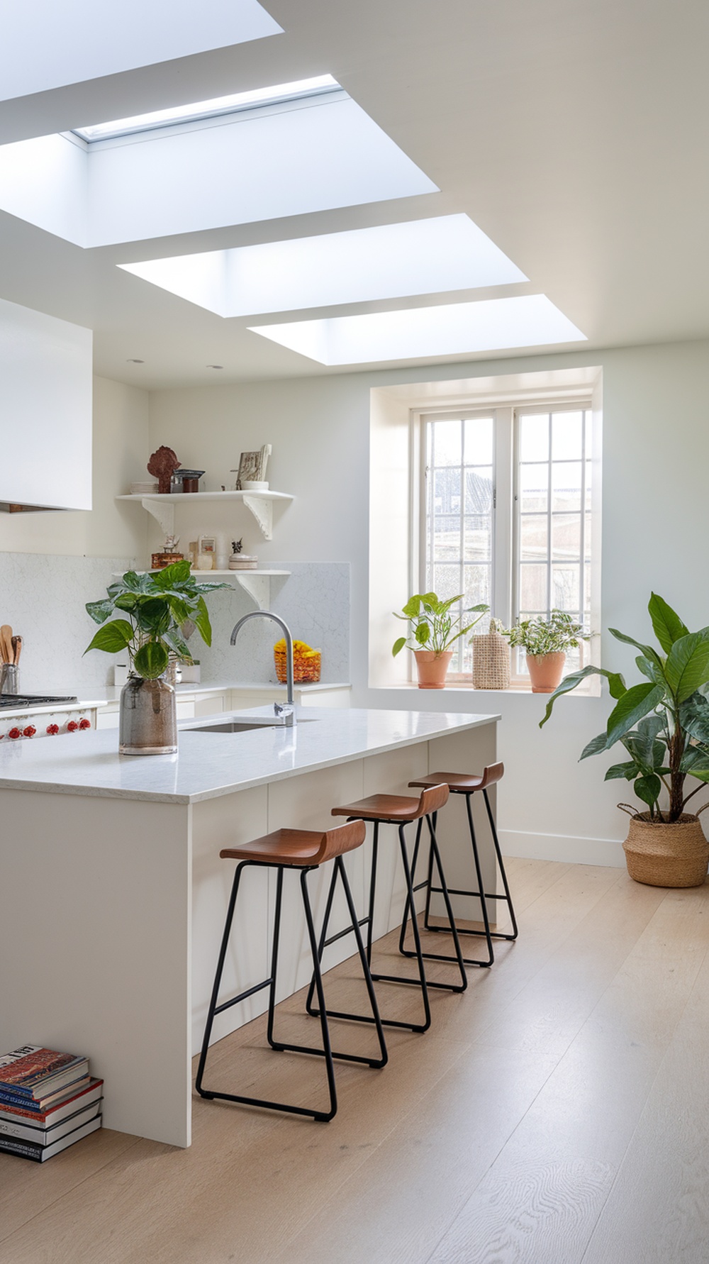 A bright kitchen featuring skylights, a sleek island, and modern stools.