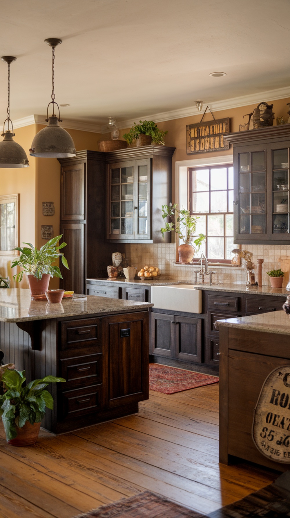 A dark wood kitchen featuring a matching island, with granite countertops and decorative plants.