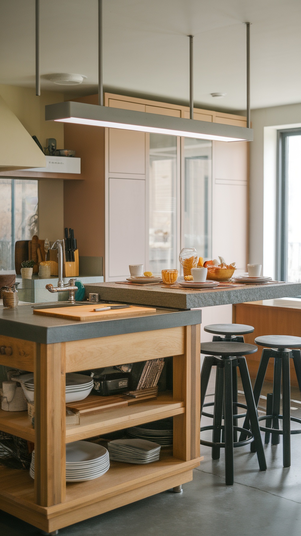 A modern kitchen with a built-in dining island featuring wooden elements and sleek design.