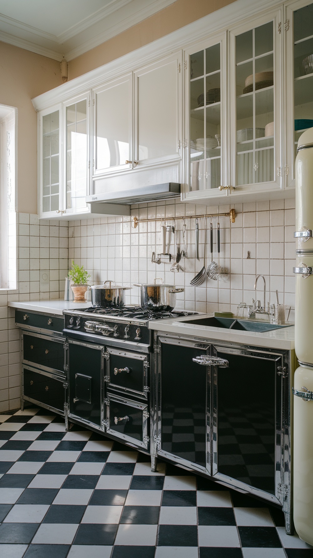 Classic black and white kitchen with checkerboard floor and elegant cabinetry