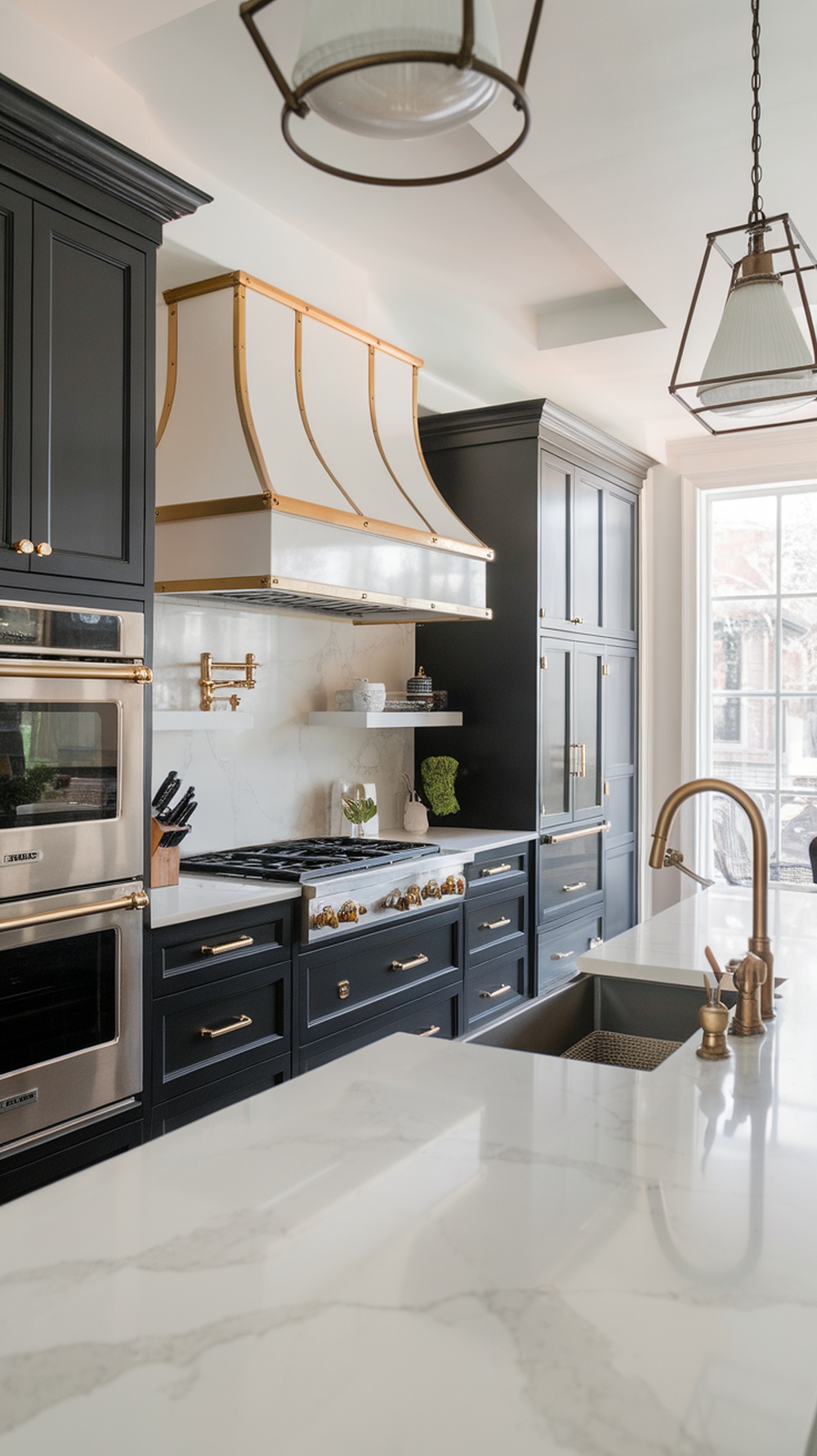 Luxury black and white kitchen with gold accents and marble countertops