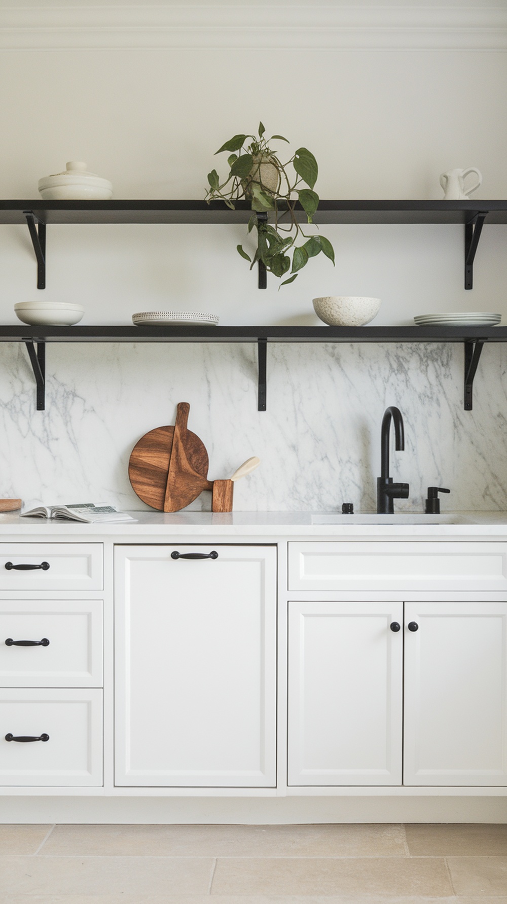 Black and white kitchen with open shelving displaying dishware and plants
