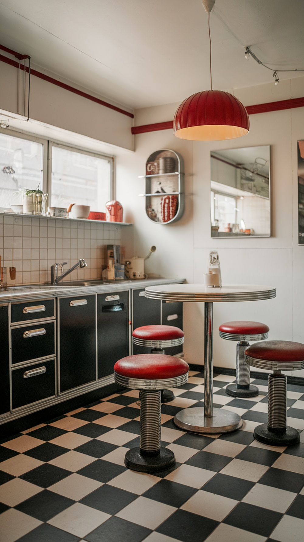 Vintage black and white kitchen with checkered floor and red stools