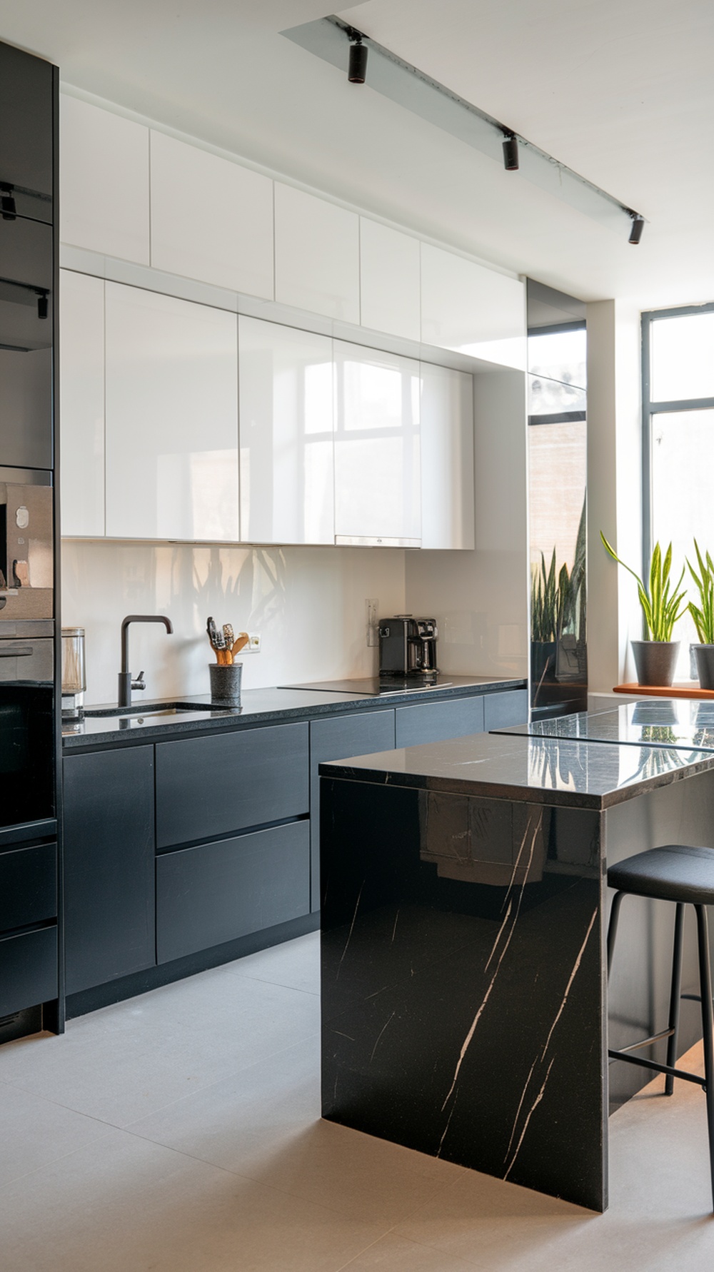Kitchen with matte black cabinets and glossy white upper cabinets