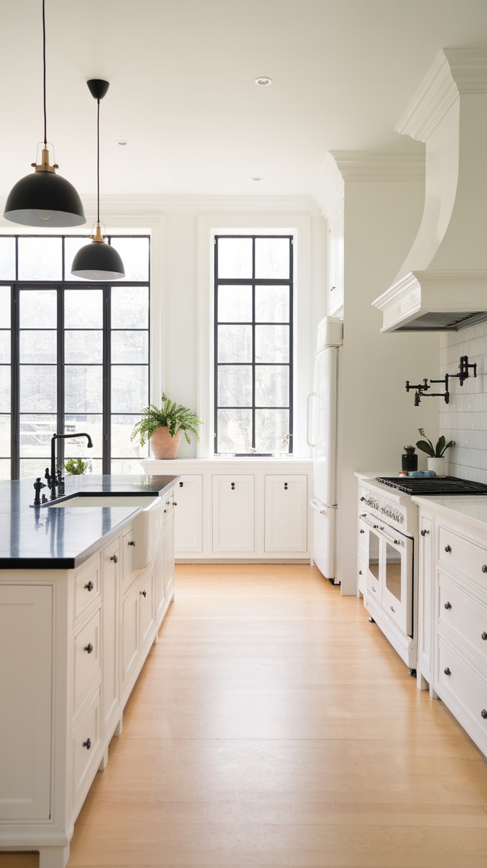 White kitchen with black accents including countertops and pendant lights