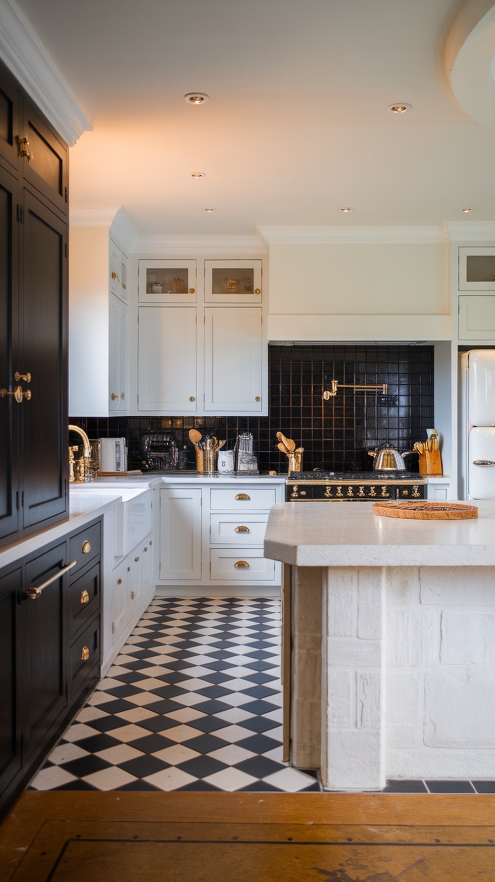 Two-tone black and white kitchen with diamond-patterned floor