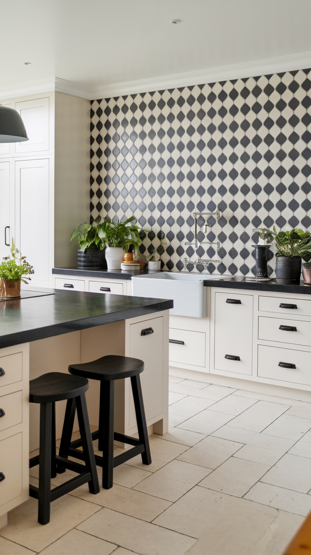 Black and white kitchen with diamond-patterned backsplash and plants