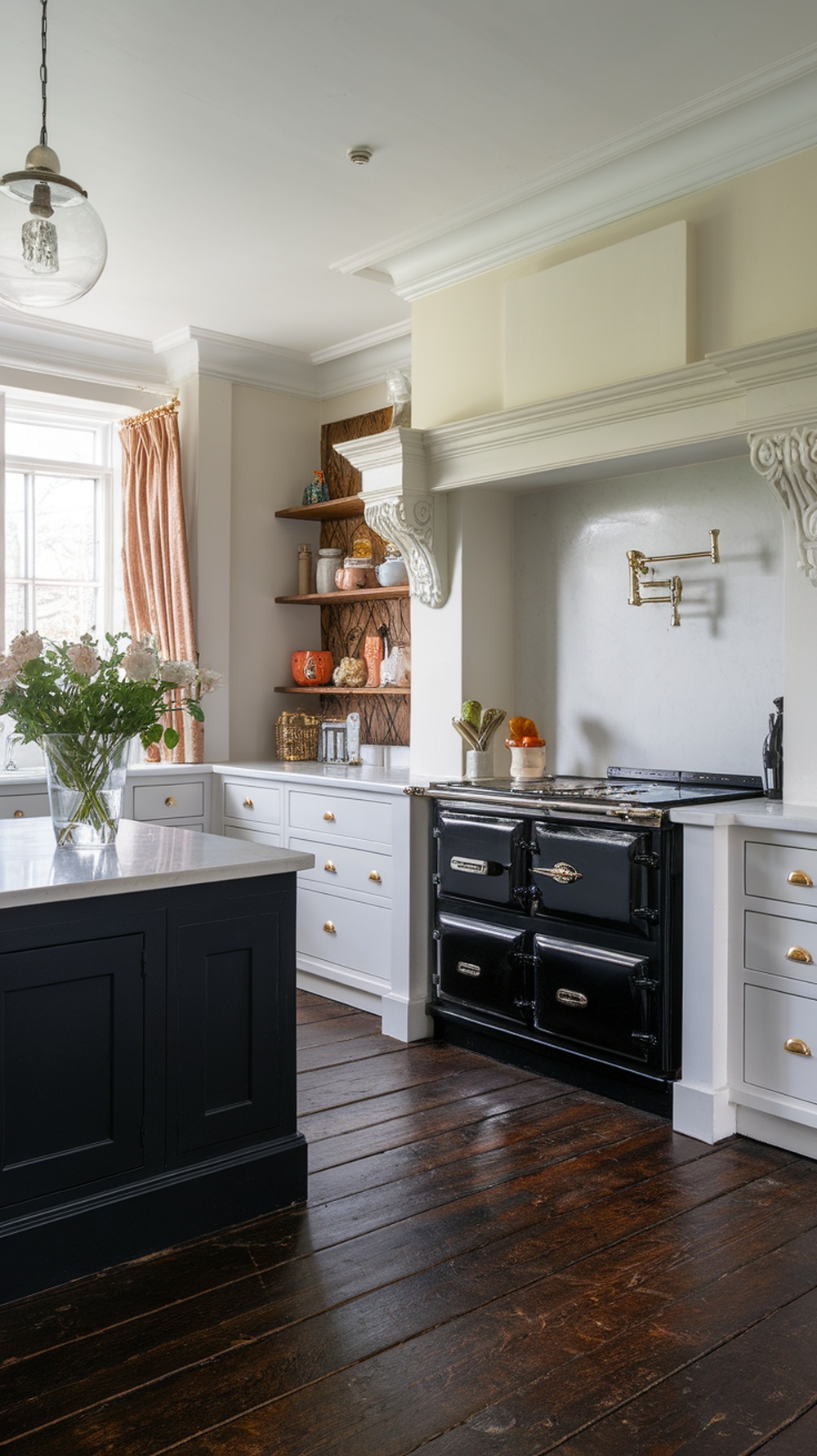 High-contrast black and white kitchen with dark wood floors and open shelving