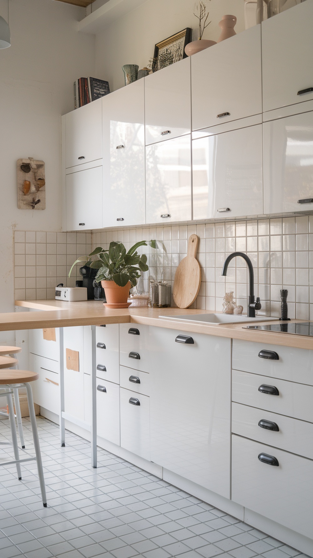 Scandinavian-style mini kitchen featuring white cabinets, light wood countertop, and plant decor.