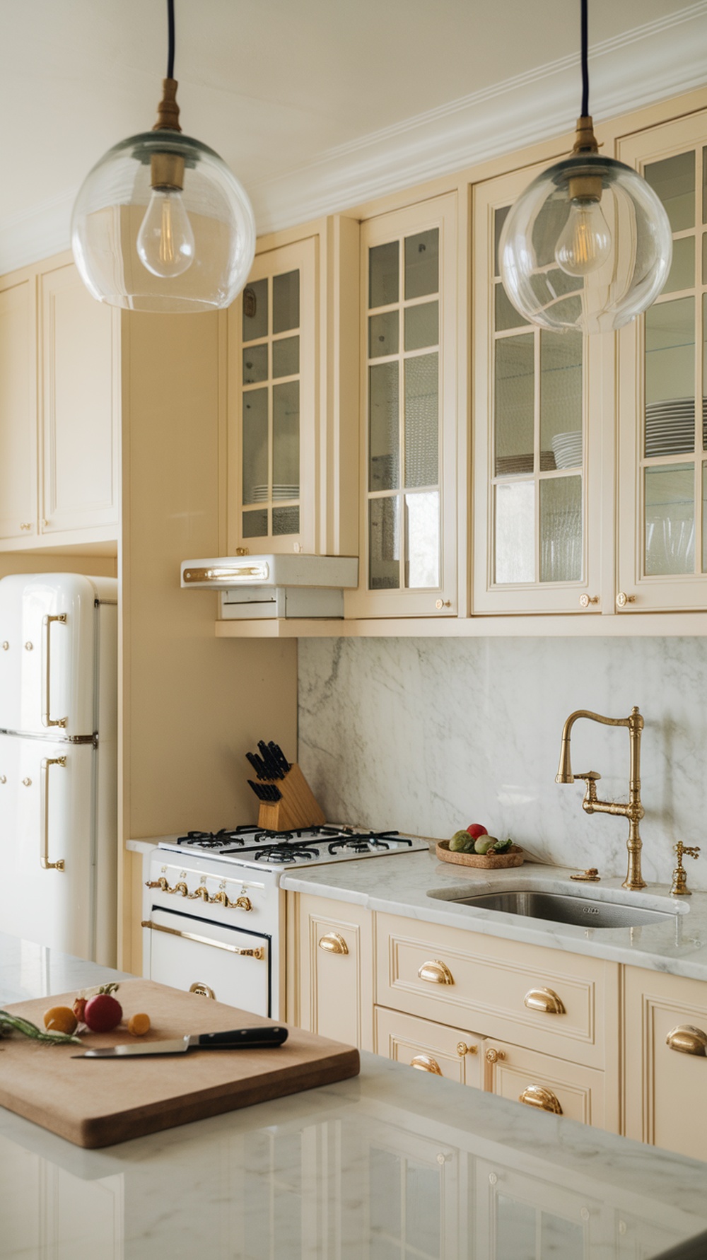 A luxury mini kitchen featuring gold details with pastel cabinets and marble countertops.