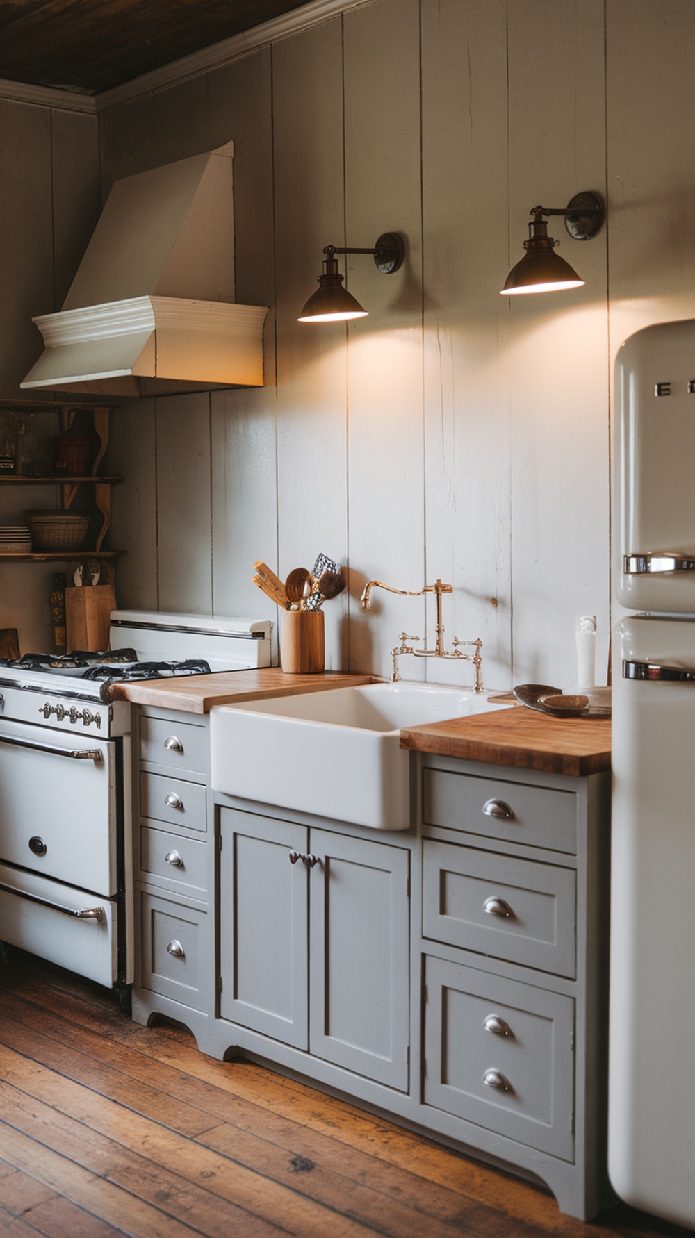 A cozy tiny farmhouse kitchen with grey cabinets, wooden accents, and vintage stove.