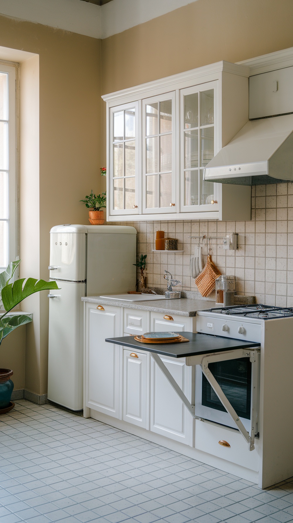 A small kitchen featuring a fold-away table attached to the cabinetry, with a light color scheme and plants.