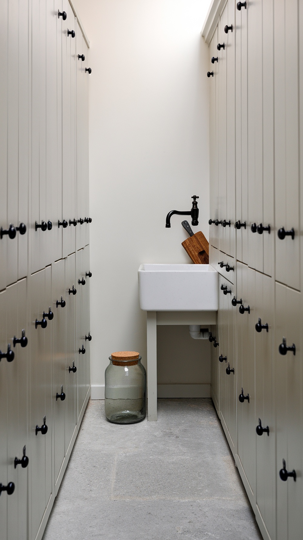Compact galley mini kitchen with cabinets, sink, and wooden cutting board