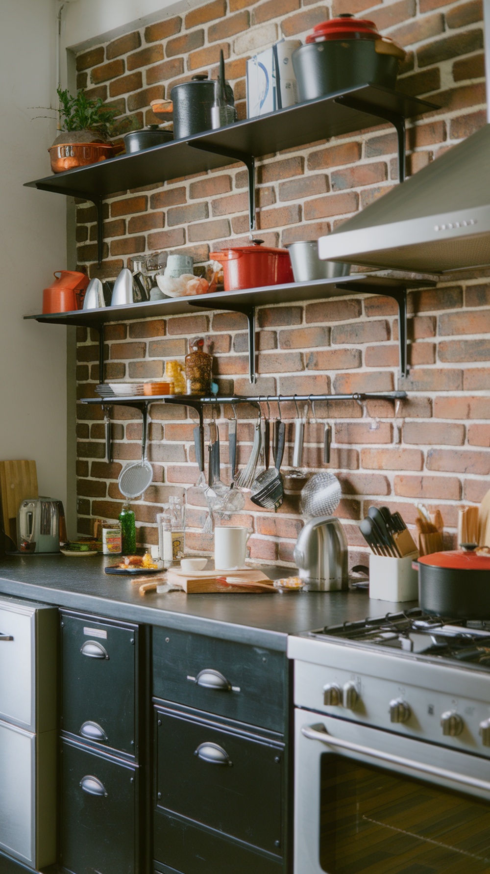 A mini kitchen featuring exposed brick walls, open shelving with cookware, dark cabinetry, and stainless-steel appliances.