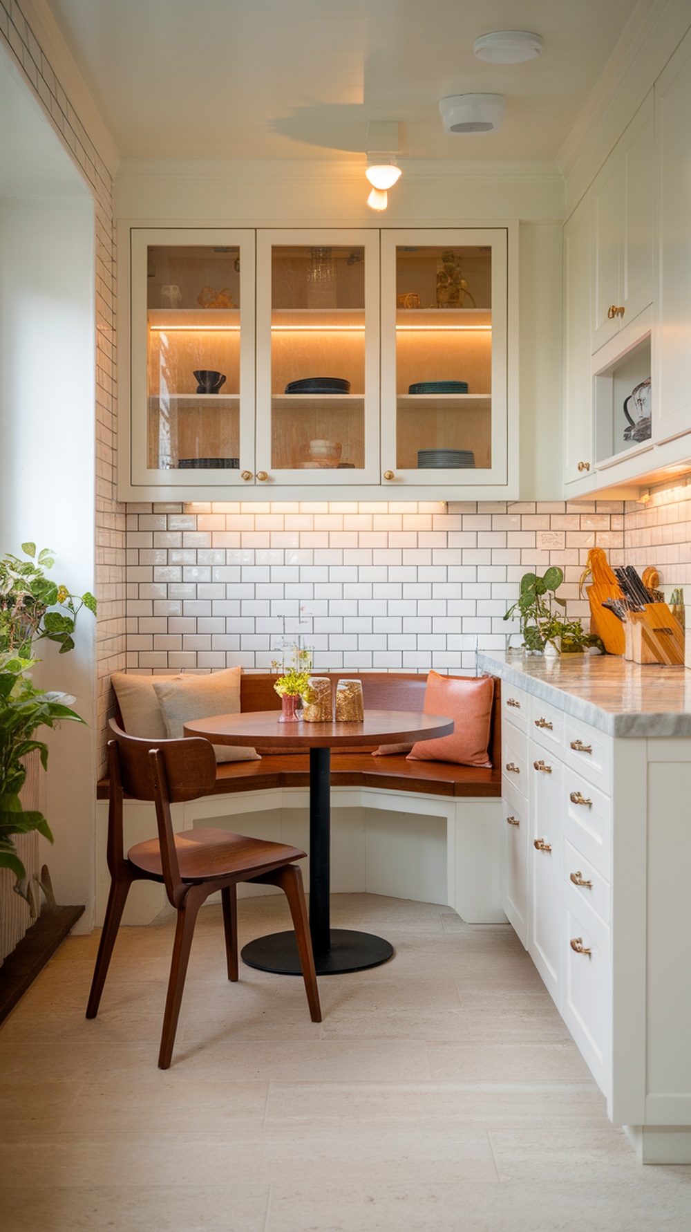 Cozy kitchen featuring a breakfast nook with a round table, cushioned seating, and natural light