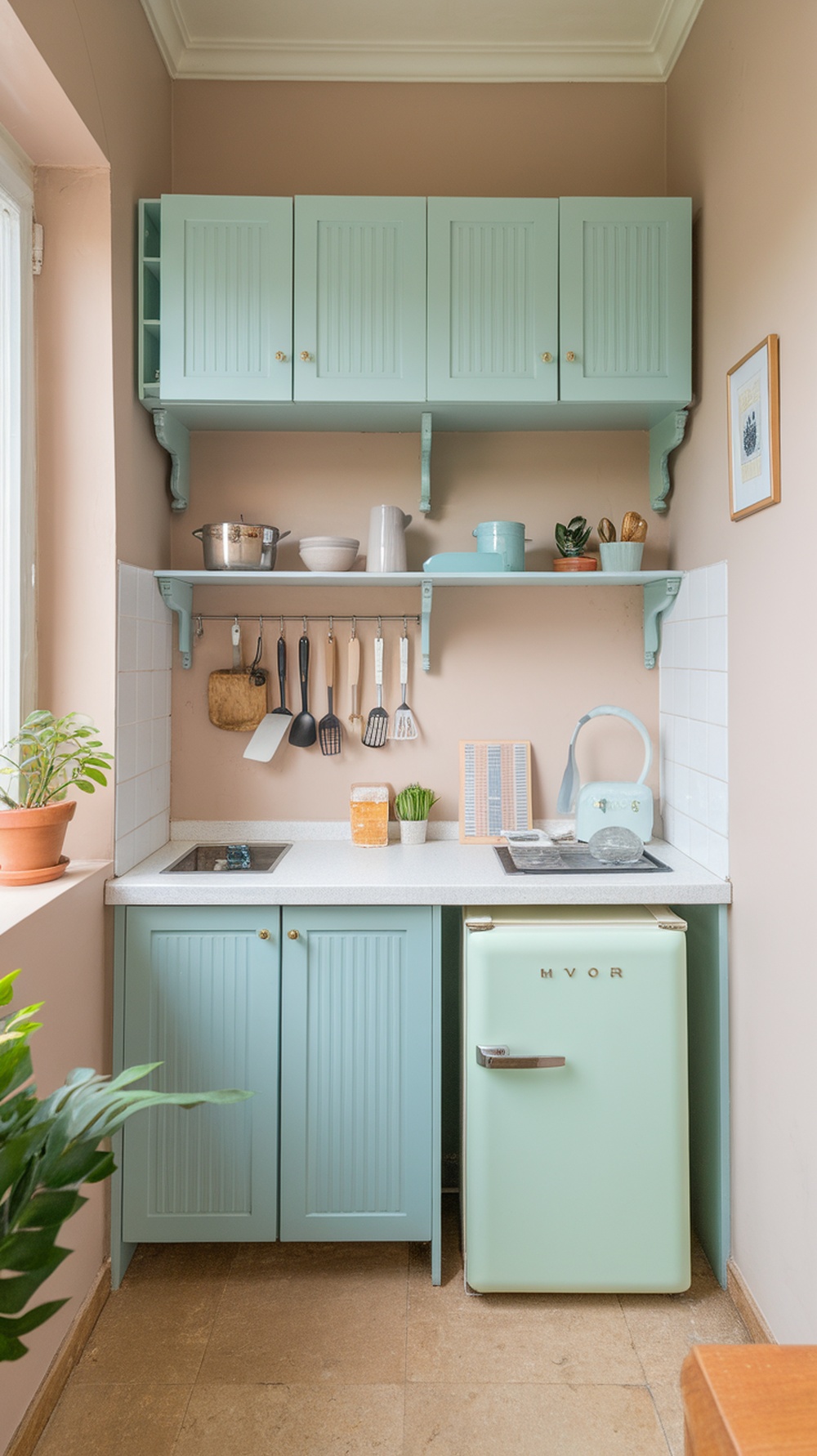 A pastel colored mini kitchen featuring mint green cabinets, light pink walls, and a retro mint fridge.