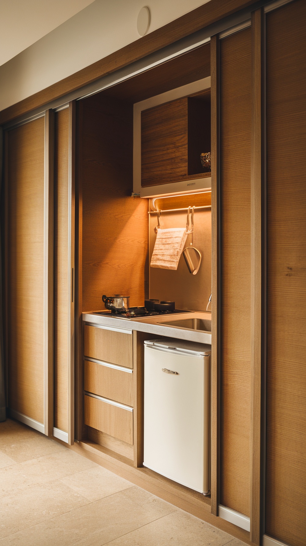 A hidden mini kitchen with sliding doors, featuring a stove, sink, and refrigerator, all neatly organized.