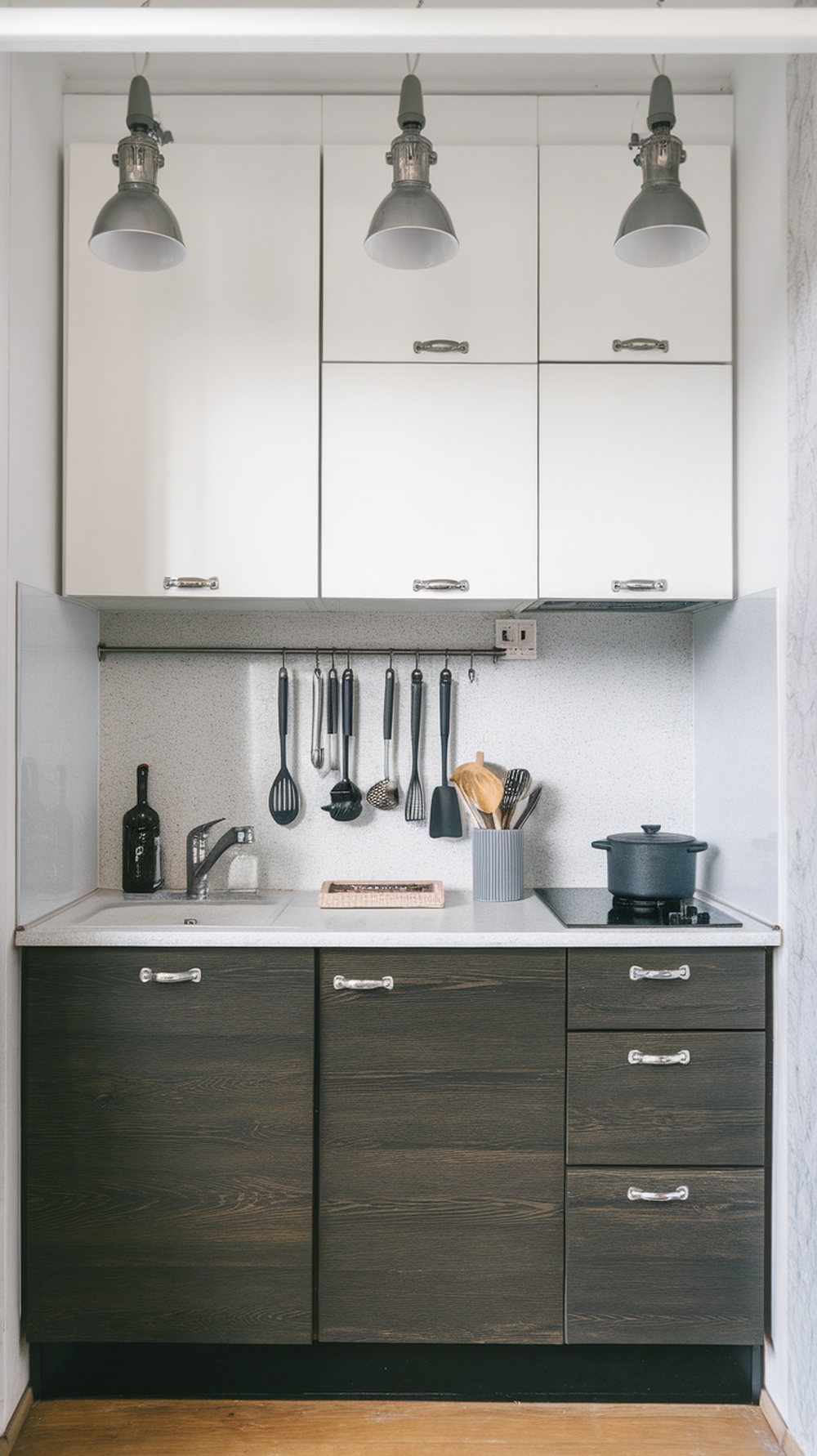Two-tone mini kitchen featuring white upper cabinets and dark lower drawers, with hanging utensils and pendant lighting.