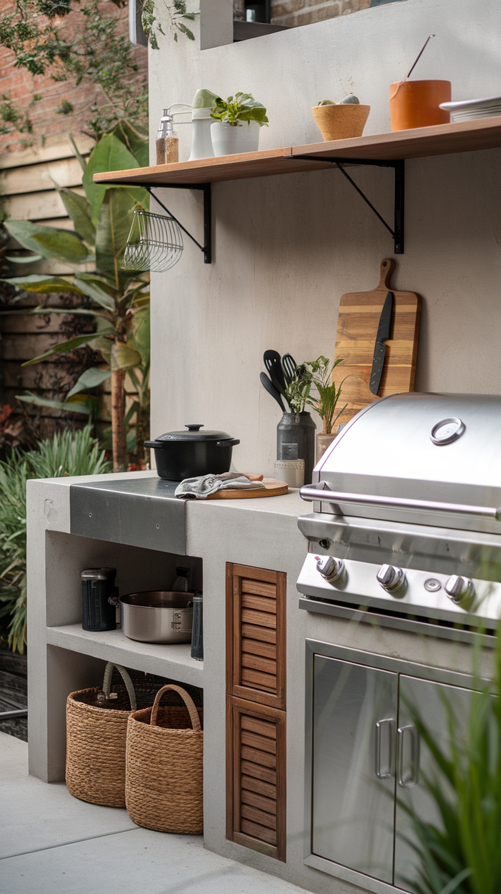 Compact outdoor mini kitchen with stainless steel grill, wooden shelves, and storage baskets